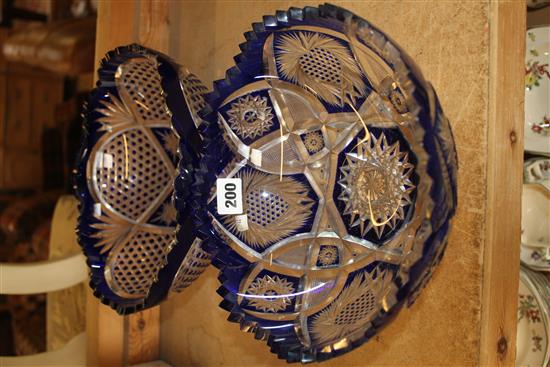 2 blue overlay glass bowls